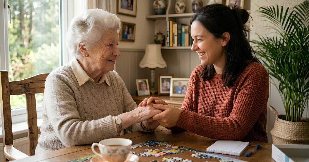Caregiver arriving punctually with a professional and warm appearance